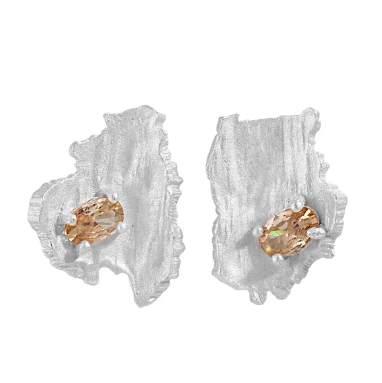 Textured organic stud earrings with zircon stone in 925 sterling silver