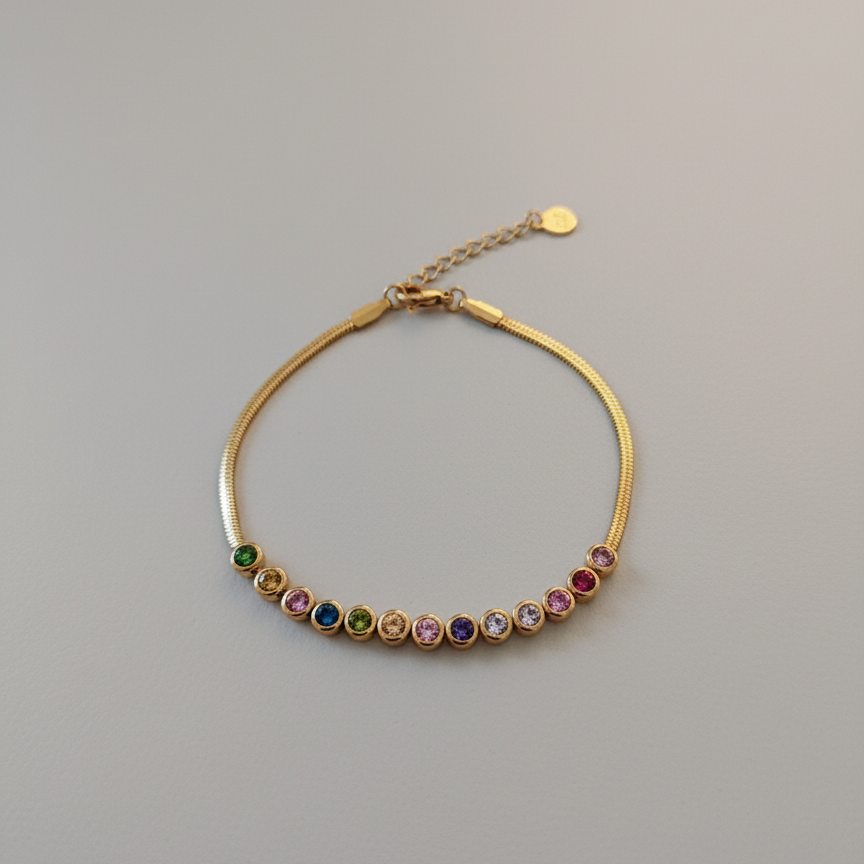 18K gold plated 925 sterling silver bracelet with multicolor bezel-set zircon stones on snake chain