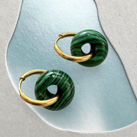 Green malachite hoop earrings with gold accents on a light gray background.