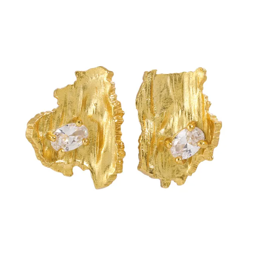 Textured organic stud earrings with zircon stone in 925 sterling silver